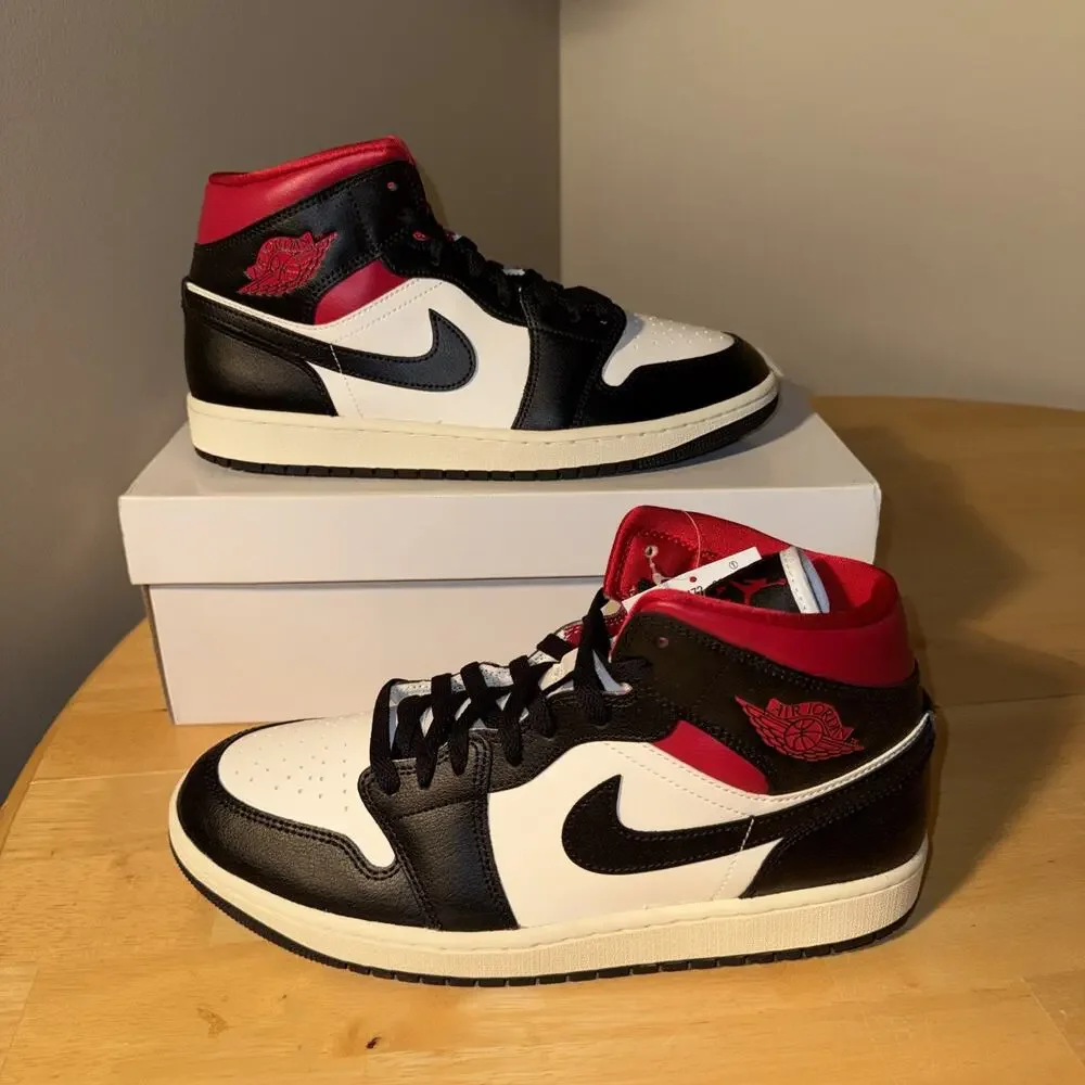 Size 11.5w or 10 Mens- Air Jordan 1 Mid Black Sail Gym Red